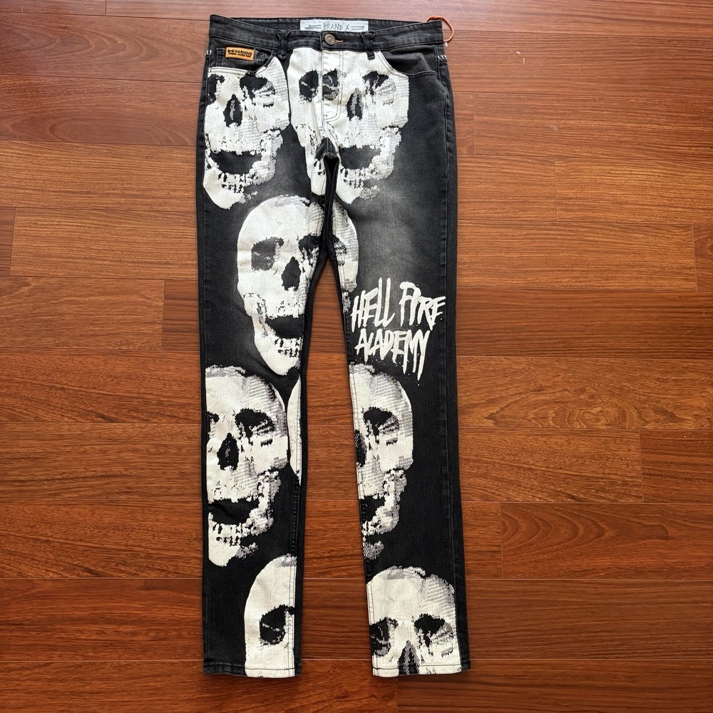 Brand X Jeans Mens 32 Black Skull Graphic Hell Fire Y2K Punk Goth Grunge Denim